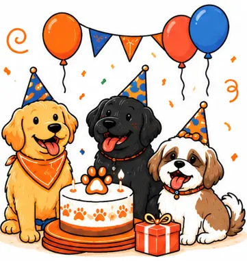 Pet party celebration setup with happy dogs
